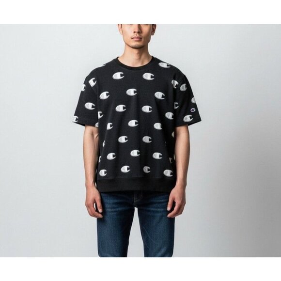 Champion Black Crewneck T-Shirt With Allover Logo Print Medium - Picture 1 of 5